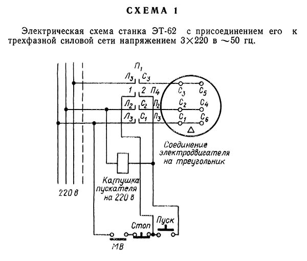 Електрична схема верстата на напругу мережі живлення 3 х 220 В, 50 Гц